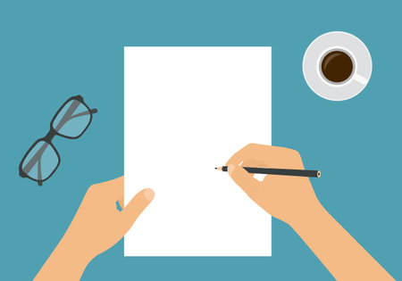 Flat design illustration of hand holding blank white sheet of paper and pencil. Drawing or writing with space for your text - vectorのイラスト素材
