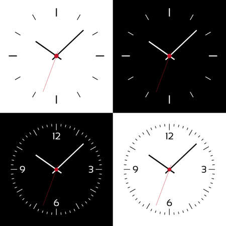 Flat design Illustration of clock face or wristwatch with black and white dial, numbers, hands and red center - vectorのイラスト素材