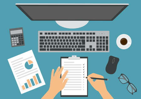 Flat design illustration of female or male hand filling out a pencil questionnaire or to-do list. Computer monitor with keyboard and mouse, calculator next to paper with financial chart - vectorのイラスト素材