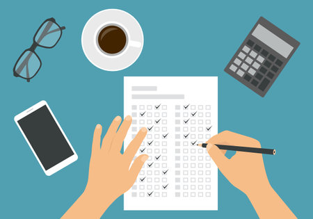 Flat design illustration of a man or woman's hand filling out a professional test answer form with a pencil. Cup of coffee with calculator and glasses on green background - vectorのイラスト素材