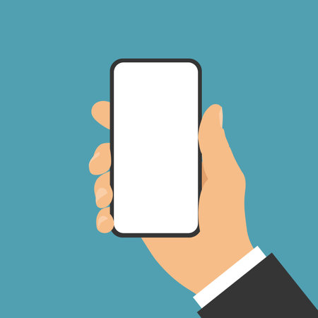 Flat design vector - manager's hand holding mobile phone with blank white touch screen, space for your text or image. Suitable for advertising or infographics.のイラスト素材