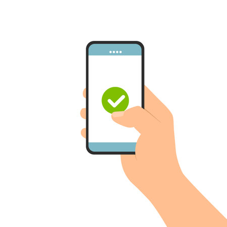 Flat design illustration of male hand holding touch screen mobile phone. Confirms and agrees on the display terms and conditions or license - vectorのイラスト素材