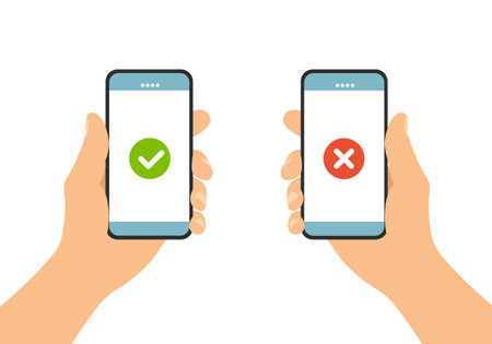 Set Flat design illustration of male hand holding touch screen mobile phone. Agree and reject on display - vectorのイラスト素材