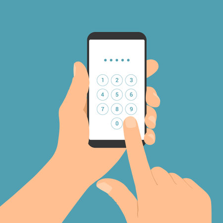 Flat design illustration of male hand holding mobile phone. Enters the PIN code on the numeric keypad of the touch screen - vectorの素材 [FY310168782430]