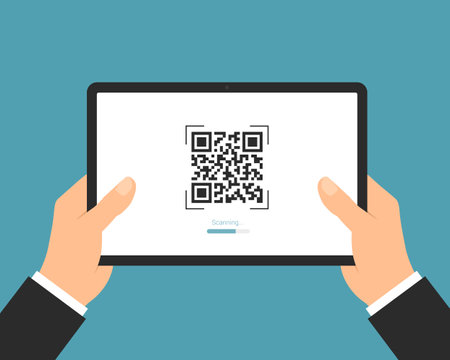 Flat design illustration of a manager's hand holding a digital tablet with a QR code scan. Suitable for internet banking or business - vectorのイラスト素材