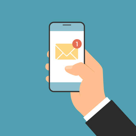Flat design illustration of a manager's hand holding a smartphone by notifying an incoming email or SMS. Envelope icon with one unread message - vectorのイラスト素材