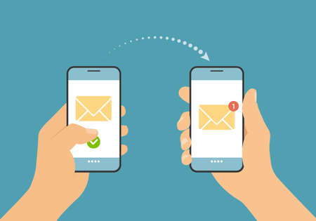Flat design illustration of a hand holding a smartphone and sending a text message or email....