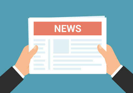 Flat design illustration of manager or businessman hand holding newspaper with red banner and headline and reading news - vectorのイラスト素材