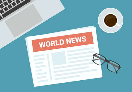Flat design illustration of top view of newspaper and glasses with cup of coffee and laptop on desk table - vectorのイラスト素材