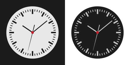 Flat design collection of light and dark clock face illustrations. Circular background with minute, hour and second hand - vectorのイラスト素材