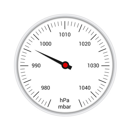Realistic illustration of a round barometer with a white plastic circular frame. Arrow for pressure measurement and scale with numbers - vectorのイラスト素材