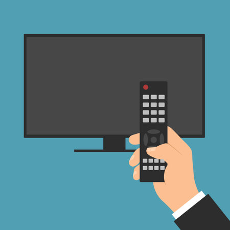 A male hand holds a remote control for TV, television set or a monitor and presses a button - vector on a green backgroundのイラスト素材