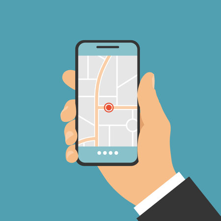 Male hand holding touch screen mobile phone. GPS navigation with map - vector on a green backgroundのイラスト素材