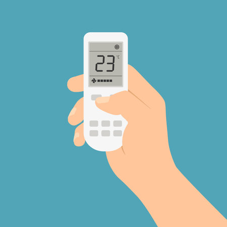 Male hand holding air conditioner controller with buttons and display - vector on green backgroundのイラスト素材