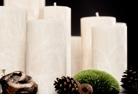 A set of natural ecological palm wax candles with a crystalline texture on the surfaceの写真素材
