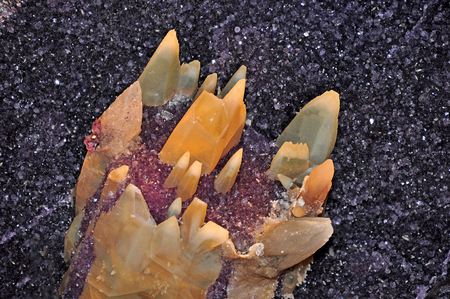 Citrine and calcite in yellow and reside in amethyst...