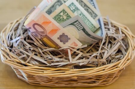 US Dollar and Euro bills in a bird nest on rustic wooden backgroundの写真素材