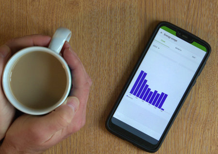 Hands holding hot drink looking at energy usage on phoneの写真素材