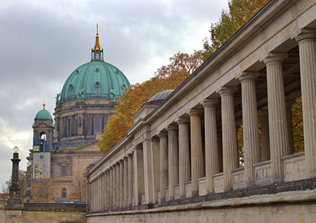 Berlin Cathedral and the columns of Museum Island from the riverの写真素材