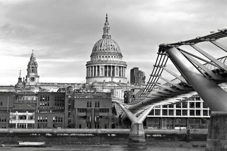 St Paul's Cathedral and the Millennium bridge in monochromeの写真素材