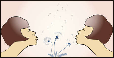 two women blowing a dandelion illustrationのイラスト素材