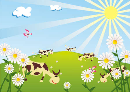 funny cows pasture on the sunny meadowのイラスト素材