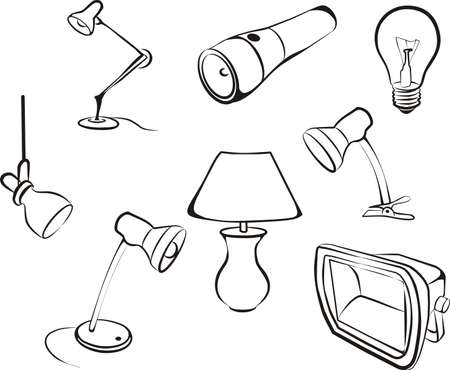 set of electric lamps, light sketch in black linesのイラスト素材