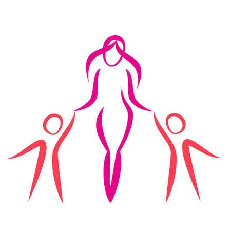 mother and twins walking, vector symbol in simple linesのイラスト素材