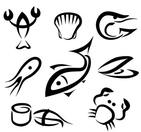 big set of sea food symbols, simple icons in black linesのイラスト素材