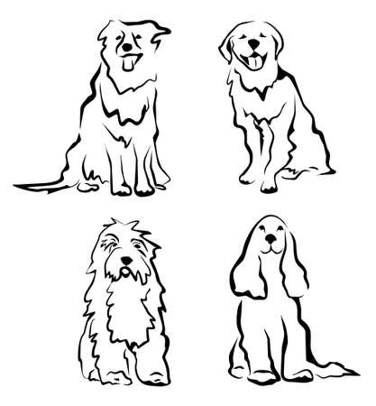 dogs set of silhouettes in simple black linesのイラスト素材