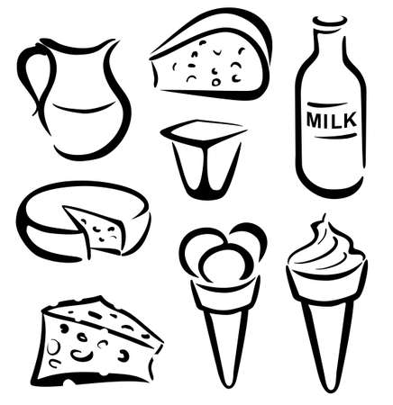 set of dairy products in simple black linesのイラスト素材