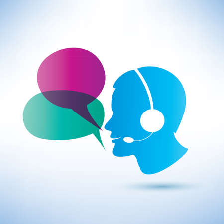 smiling man with headphones and speech bubbles, call center conceptのイラスト素材
