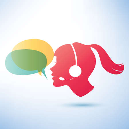 smiling woman with headphones and speech bubbles, call center conceptのイラスト素材