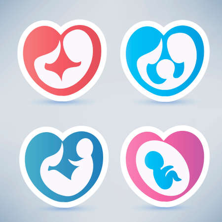 family and parenting abstract symbols, stickers collection in heart shapeのイラスト素材