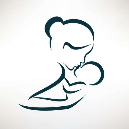 mom and baby stylized vector symbol, outlined sketchのイラスト素材