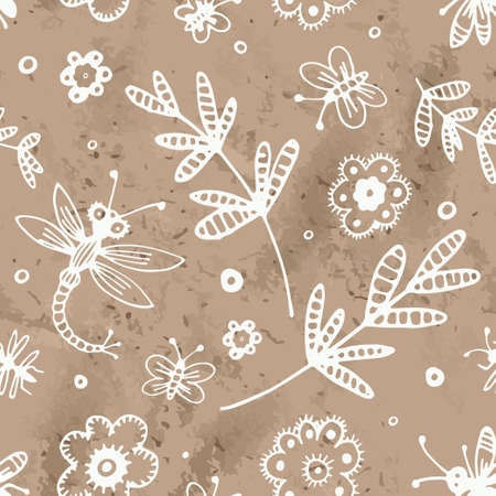 abstract seamless background, flowers and insects hand drawn patternのイラスト素材