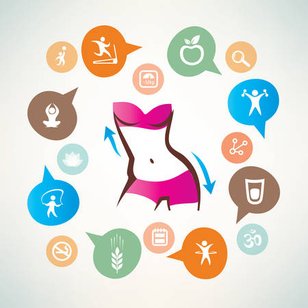 fitness and body care infographics, icons collection, slim waist, active woman conceptのイラスト素材