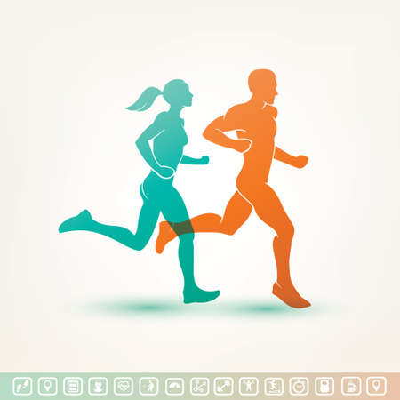 running man and woman silhouette, outlined vector sketch, fitness concept, fitness tracker iconsのイラスト素材