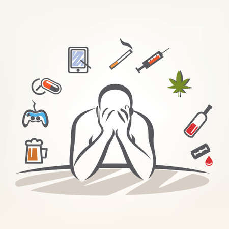 addict man and set of addiction symbols, outlined vector sketchのイラスト素材