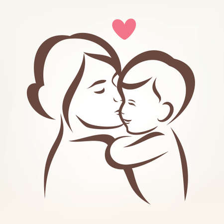 mother and son stylized vector silhouette, outlined sketch of mom and child