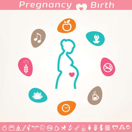 pregnant woman infographics and icons set, healthy lyfestyleのイラスト素材