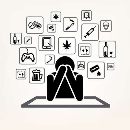 addict man and set of addiction symbols, outlined vector sketchのイラスト素材