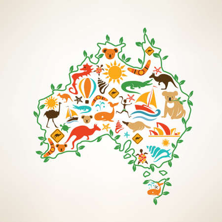 Australia travel map, decrative symbol of Australia continent with ethnic vector iconsのイラスト素材