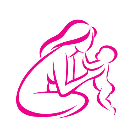 mom and baby stylized vector symbol, outlined sketchのイラスト素材
