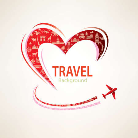 heart and airplane with set of travel icons, love to travel conceptのイラスト素材