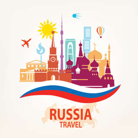 Russia travel background, set of famous russian and Moskow symbolsのイラスト素材