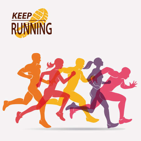 running people set of silhouettes, sport and activity  backgroundのイラスト素材