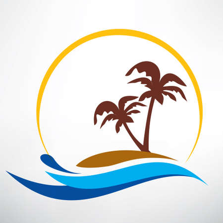 wave, sun and palm symbol, travel and summer time icon conceptのイラスト素材