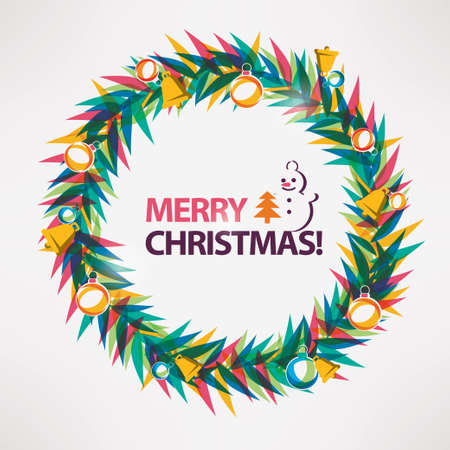 merry christmas card, wreath circle frame vector illustration in modern vibrant styleのイラスト素材