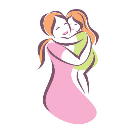 mother and baby stylized vector symbol, mom huges her child logo templateのイラスト素材